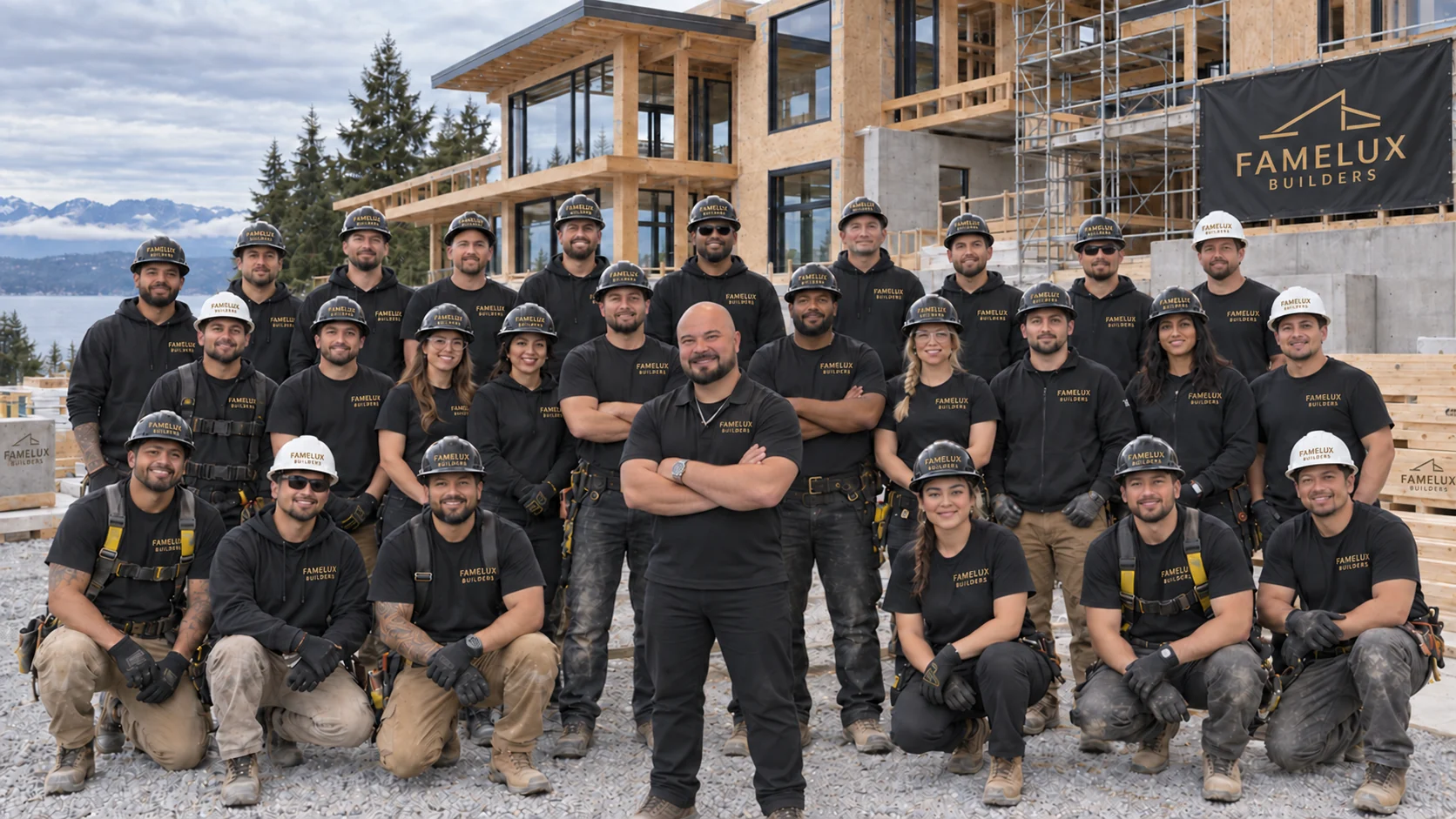 Famelux Builders team at a luxury home construction site in Washington